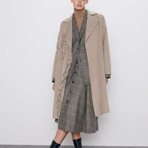 Zara Camel Belted Fringe Coat Sz S